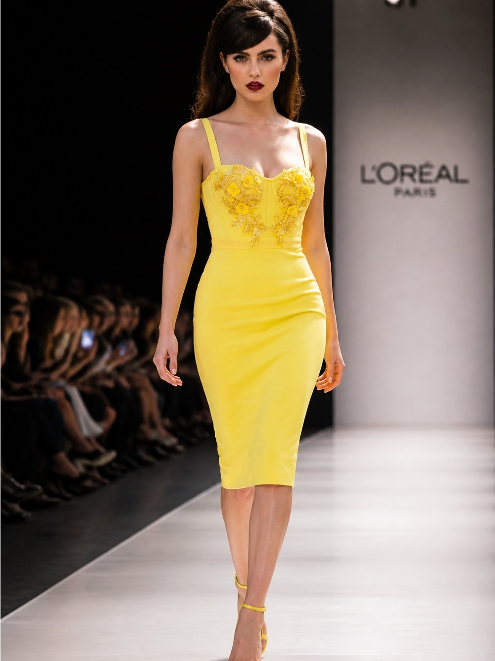 Yellow Floral-Appliqué Midi Bodycon Dress with Spaghetti Straps